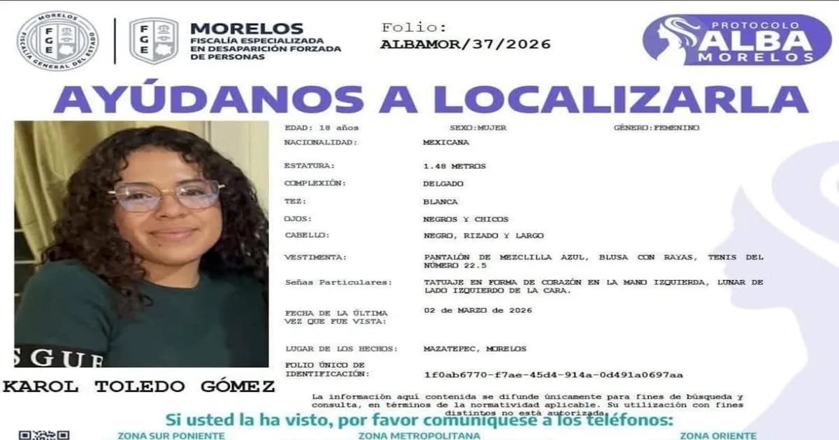 Desaparece otra estudiante en Morelos: UAEM solicita ayuda para encontrar a Karol Toledo Gómez