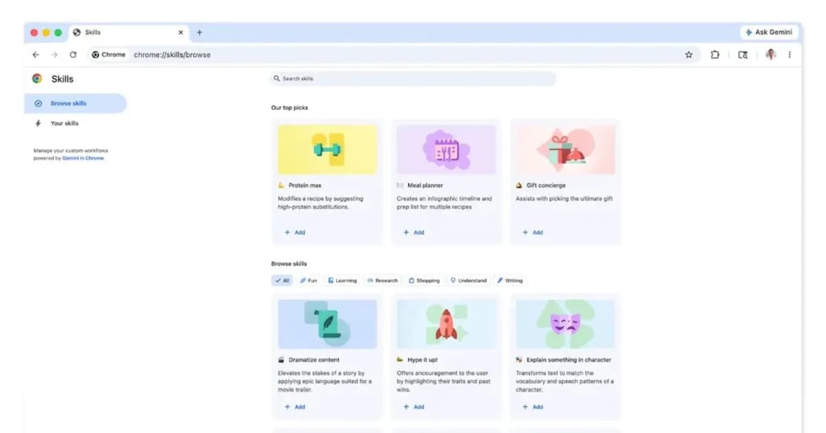Google introduce 'skills' en Chrome para optimizar la interacción con Gemini