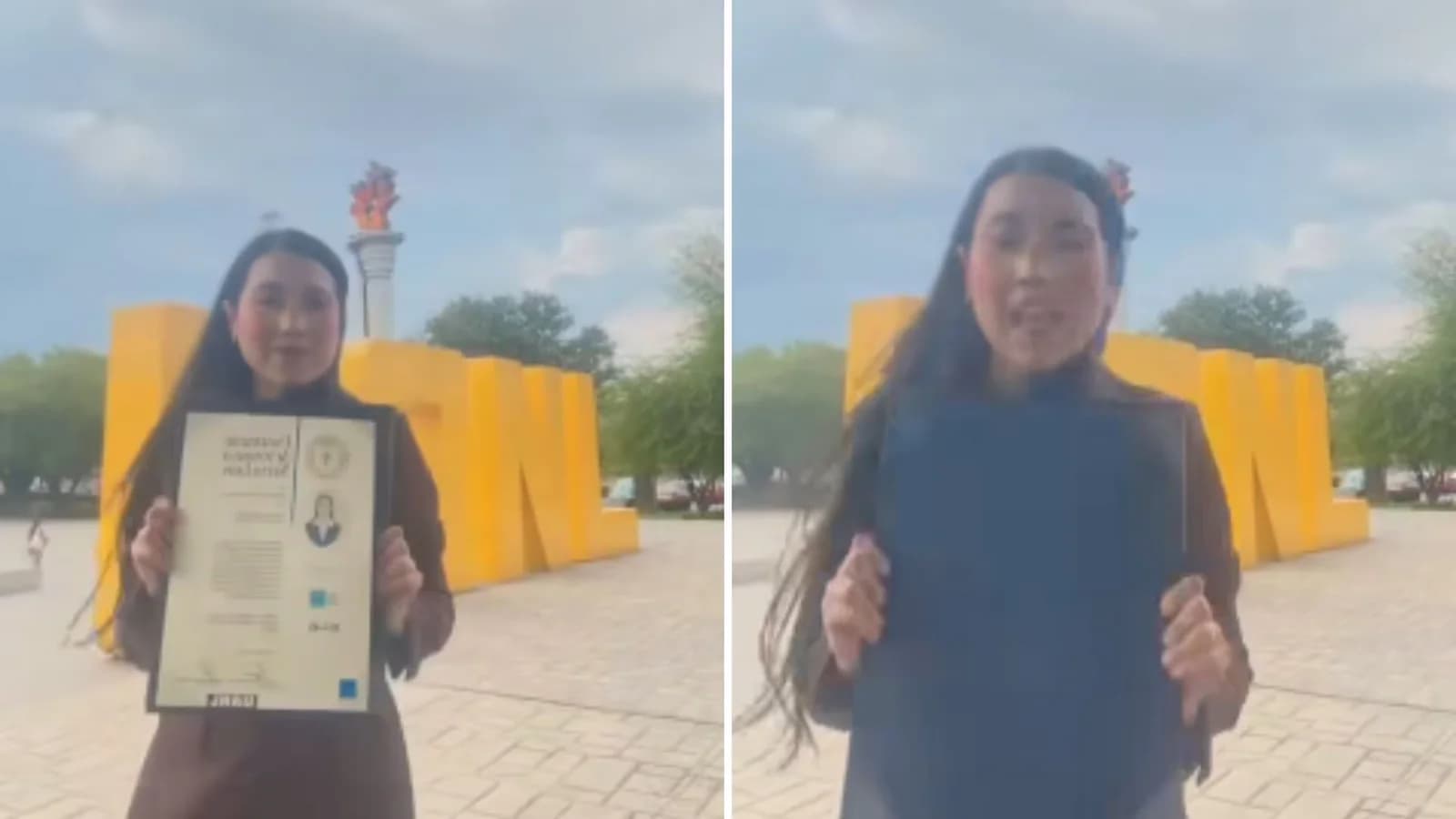 El viento interrumpió la foto de graduación de una joven frente a la UANL
