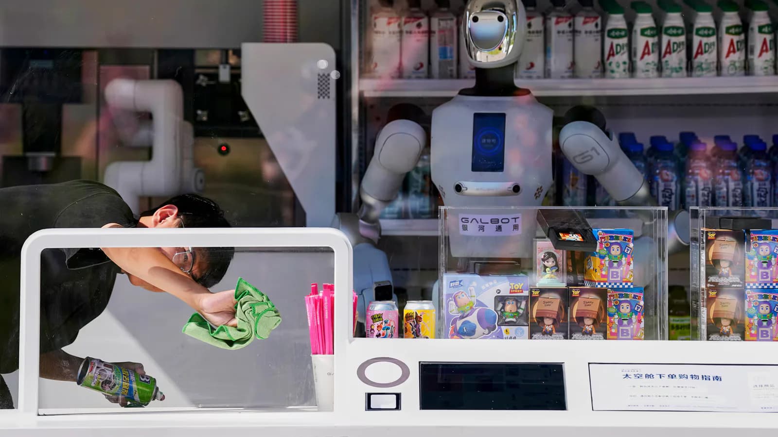 En Pekín, un robot atiende al público mientras un joven limpia el local