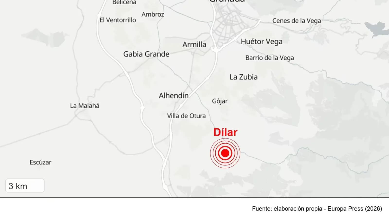 Un sismo de magnitud 3,4 tuvo su epicentro en Dílar, Granada